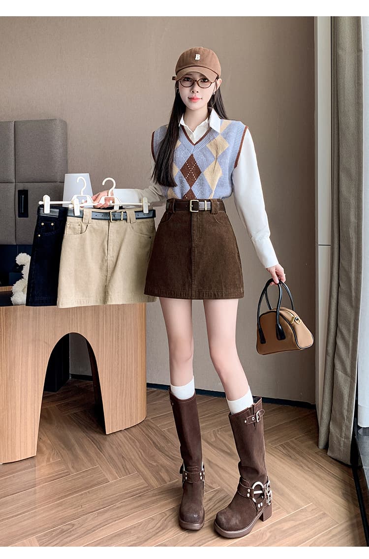 한 마디 미니 스커트 여성 2026 가을 겨울 의류 새로운 하이웨이스트 코듀로이 모직 노출 방지 반바지 반신 스커트 여성 상세 이미지 12