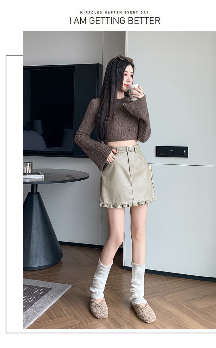 가죽 스커트 여성 2026 가을 겨울 새로운 노출 방지 바지 프릴 진자 반신 스커트 PU 가죽 미니 스커트 하이웨이스트 A라인 스커트 상세 이미지 29