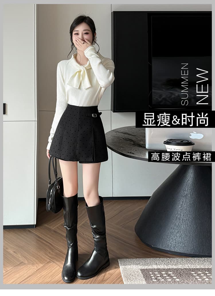 모직 반바지 여성 26 가을 겨울 한 마디 치마바지 패치워크 반신 스커트 도트 무늬 식물 플러시 모직 하이웨이스트 짧은 바지 부츠 팬츠 상세 이미지 1