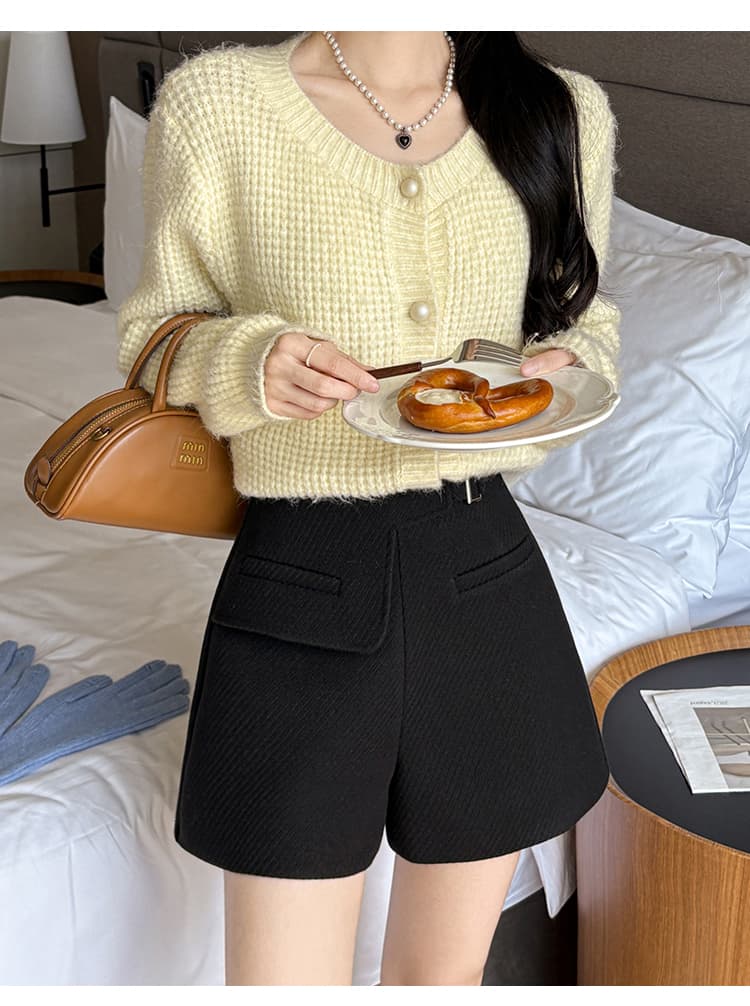 캐주얼 반바지 여성 2026 가을 겨울 새로운 하이웨이스트 정장 모직 반바지 주머니 모직 한 마디 와이드 레그 팬츠 상세 이미지 15