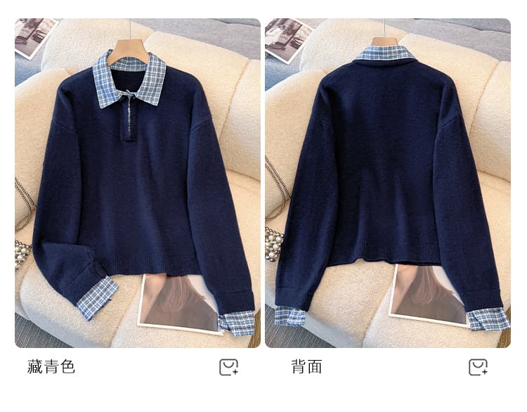 디자인 센스 체크무늬 polo 셔츠 칼라 패치워크 스웨터 니트 스웨터 여성 반 개방 칼라 풀오버 2026 가을 겨울 맨위 상세 이미지 8