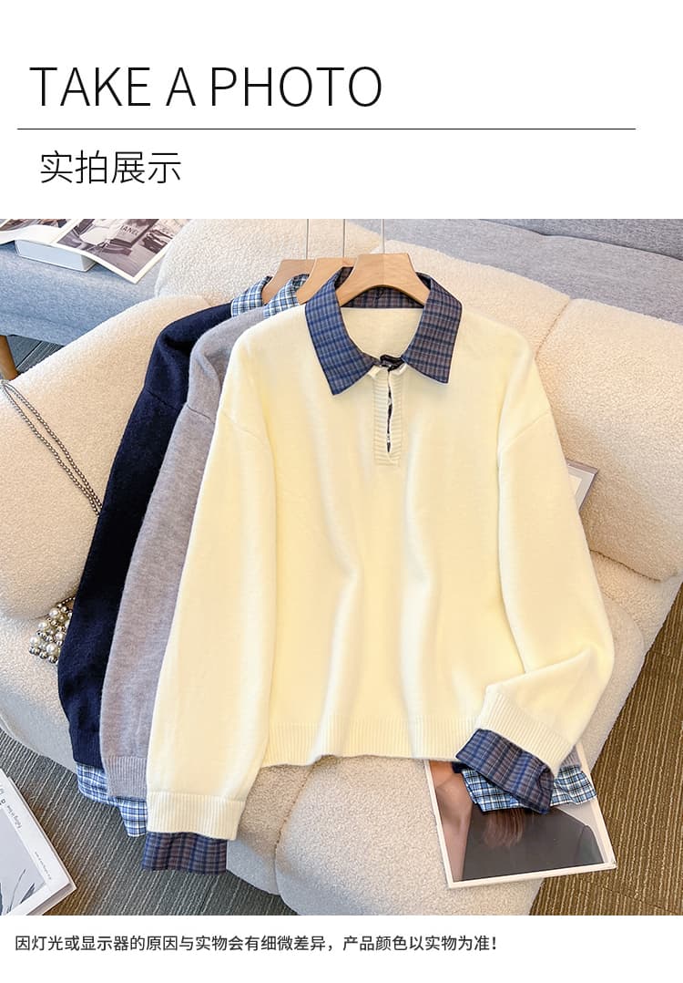 디자인 센스 체크무늬 polo 셔츠 칼라 패치워크 스웨터 니트 스웨터 여성 반 개방 칼라 풀오버 2026 가을 겨울 맨위 상세 이미지 11