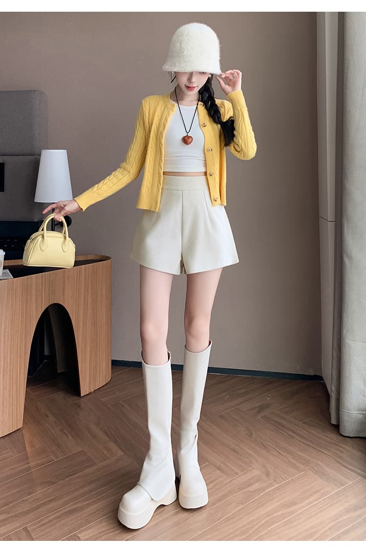 모직 부츠 팬츠 여성 2026 가을 겨울 새로운 미니멀리즘 셰닐 모직 하이웨이스트 넓은 다리 캐주얼 반바지 한 마디 반바지 상세 이미지 22