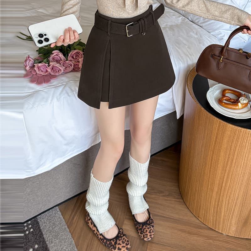 짧은 머리 바지 여성 가을 겨울 한 마디 치마바지 패치워크 벨트 한 마디 반신 치마바지 여성 모직 하이웨이스트 반바지 부츠 팬츠 이미지 5