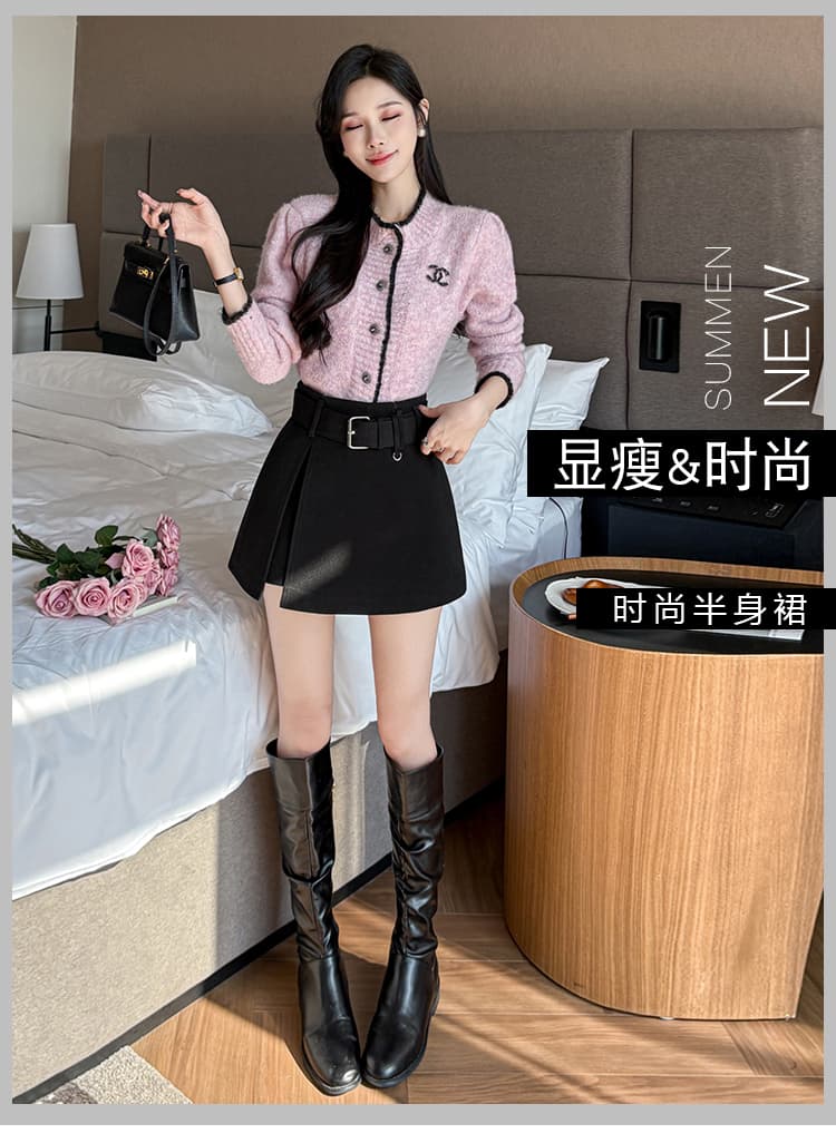 짧은 머리 바지 여성 가을 겨울 한 마디 치마바지 패치워크 벨트 한 마디 반신 치마바지 여성 모직 하이웨이스트 반바지 부츠 팬츠 상세 이미지 1