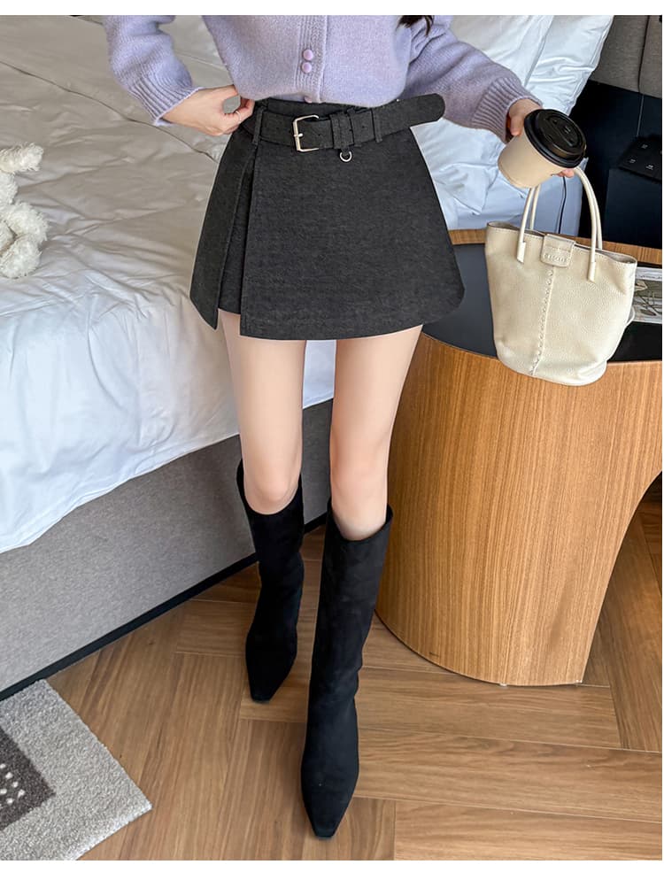 짧은 머리 바지 여성 가을 겨울 한 마디 치마바지 패치워크 벨트 한 마디 반신 치마바지 여성 모직 하이웨이스트 반바지 부츠 팬츠 상세 이미지 22