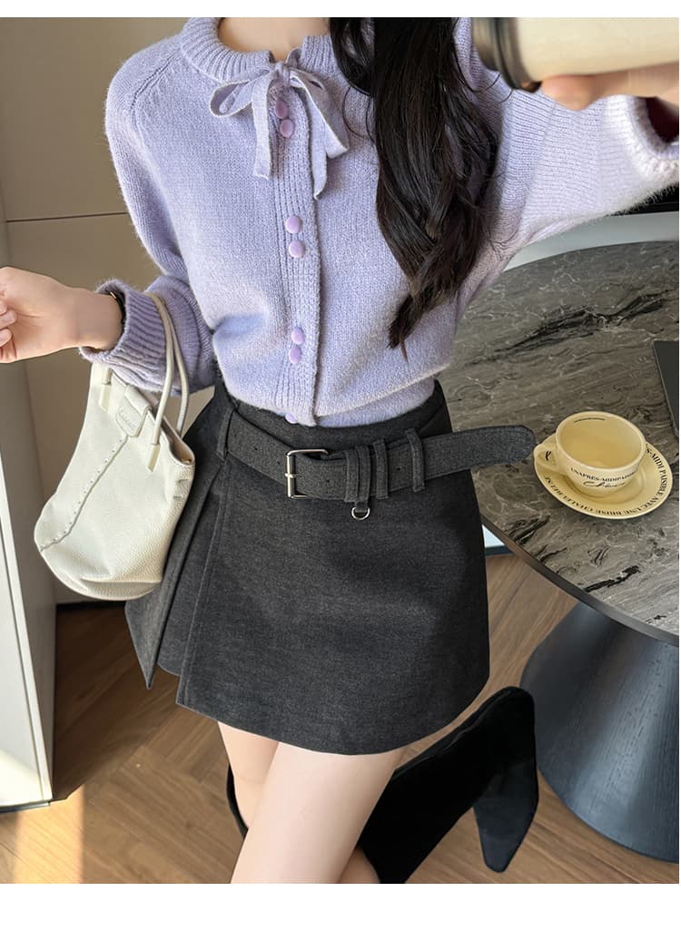 짧은 머리 바지 여성 가을 겨울 한 마디 치마바지 패치워크 벨트 한 마디 반신 치마바지 여성 모직 하이웨이스트 반바지 부츠 팬츠 상세 이미지 24