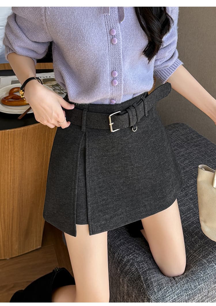 짧은 머리 바지 여성 가을 겨울 한 마디 치마바지 패치워크 벨트 한 마디 반신 치마바지 여성 모직 하이웨이스트 반바지 부츠 팬츠 상세 이미지 26