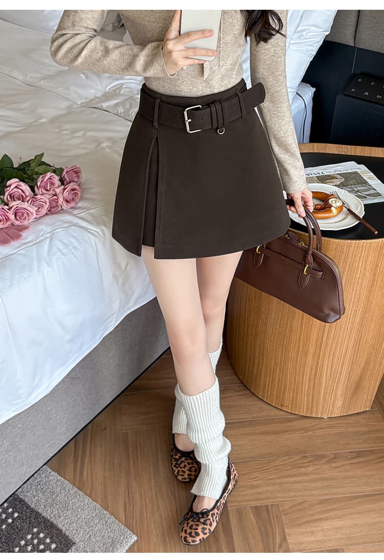 짧은 머리 바지 여성 가을 겨울 한 마디 치마바지 패치워크 벨트 한 마디 반신 치마바지 여성 모직 하이웨이스트 반바지 부츠 팬츠 상세 이미지 30