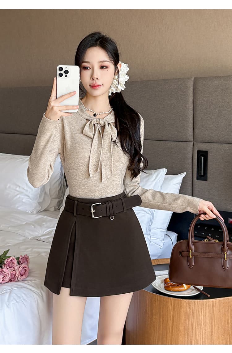 짧은 머리 바지 여성 가을 겨울 한 마디 치마바지 패치워크 벨트 한 마디 반신 치마바지 여성 모직 하이웨이스트 반바지 부츠 팬츠 상세 이미지 31