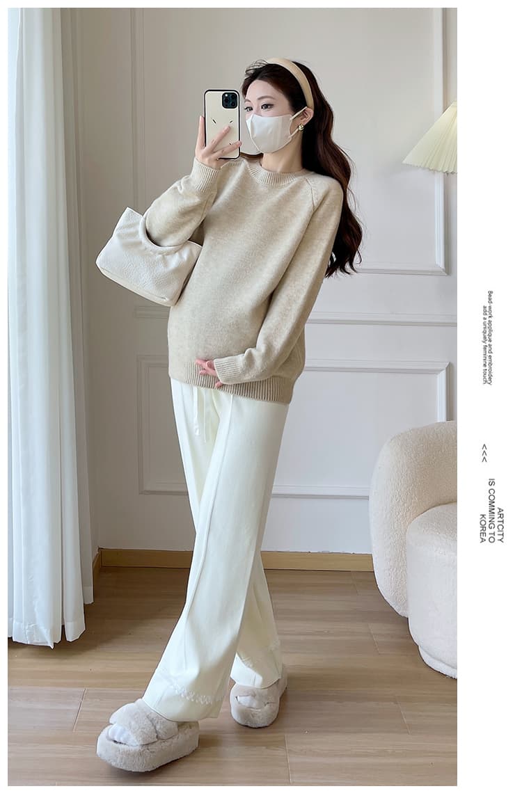 실사 가을 겨울 다용도 라운드 넥 니트 임산부 스웨터 임산부 와이드 레그 팬츠 두꺼운 보온 임산부 기본 셔츠 상세 이미지 15