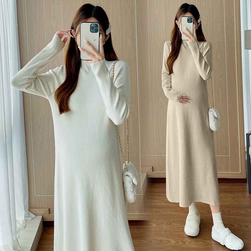 실사 가을 겨울 다용도 반하이넥 임산부 스웨터 드레스 롱 코트 만나는 출산 착용 출산 후 수유 치마 이미지 5