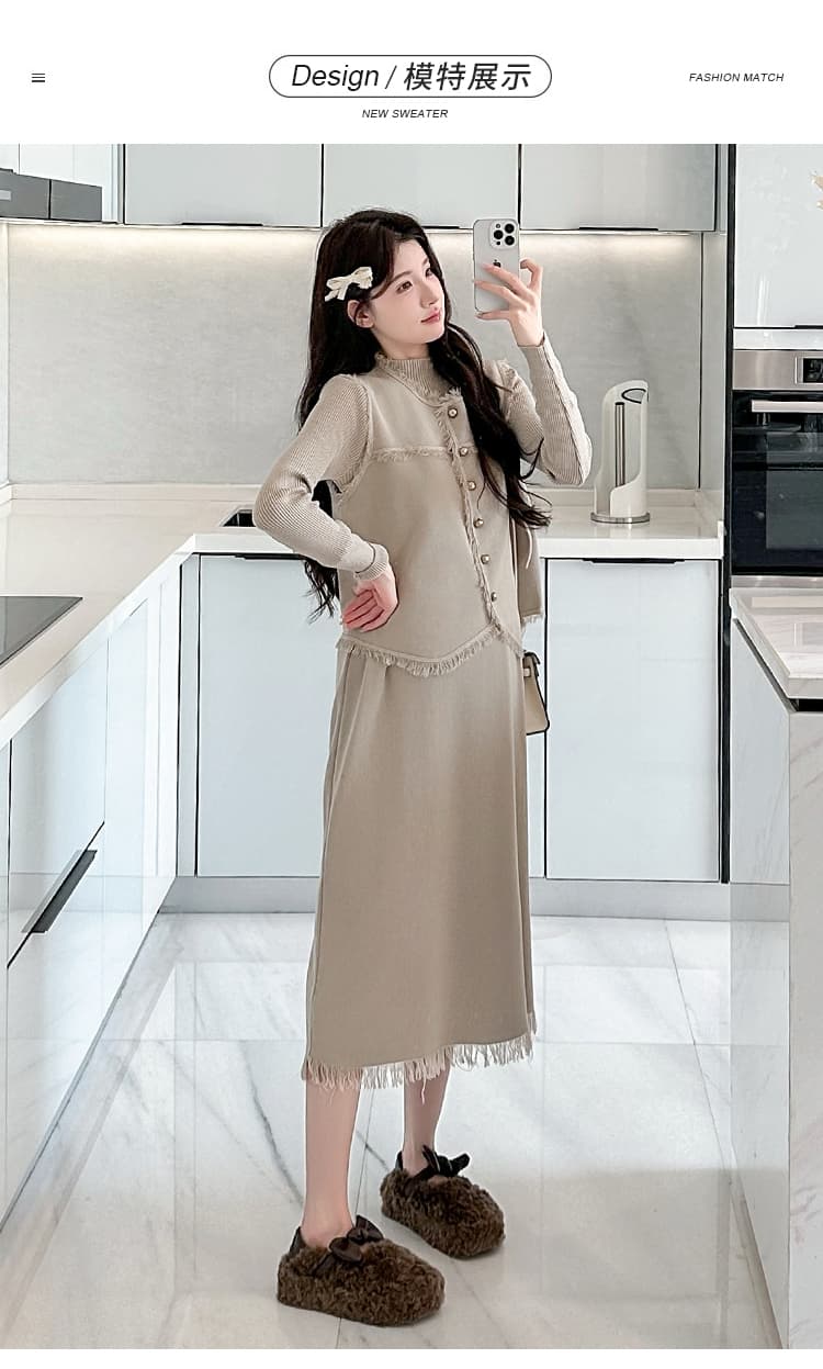 실사 가을 겨울 새로운 작은 샤넬 스타일 라운드 넥 베스트 두꺼운 니트 임산부 드레스 품격 수유 투피스 슈트 상세 이미지 14