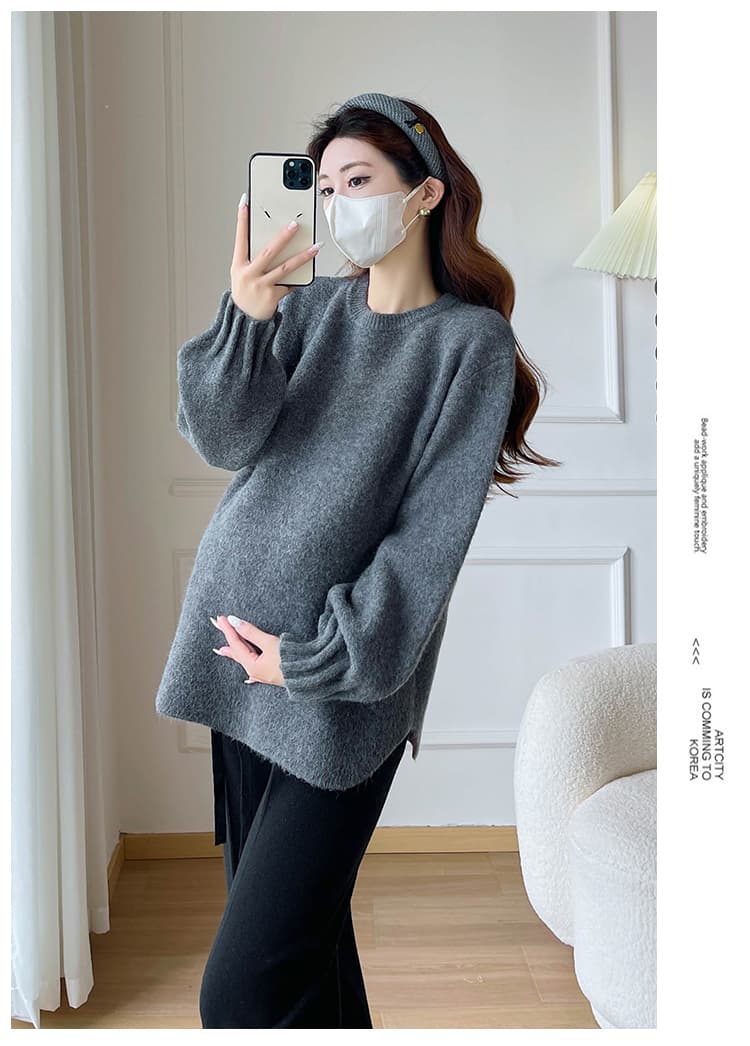 실사 느긋한 바람 벌룬 소매 임산부 스웨터 가을 겨울 새로운 니트 다용도 만나는 맨위 와이드 레그 팬츠 세트 상세 이미지 21