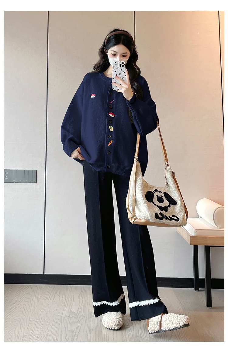 실사 니트 스웨터 자수 가을 겨울 두꺼운 보온 임산부 오픈 가디건 와이드 레그 팬츠 투피스 세트 상세 이미지 22