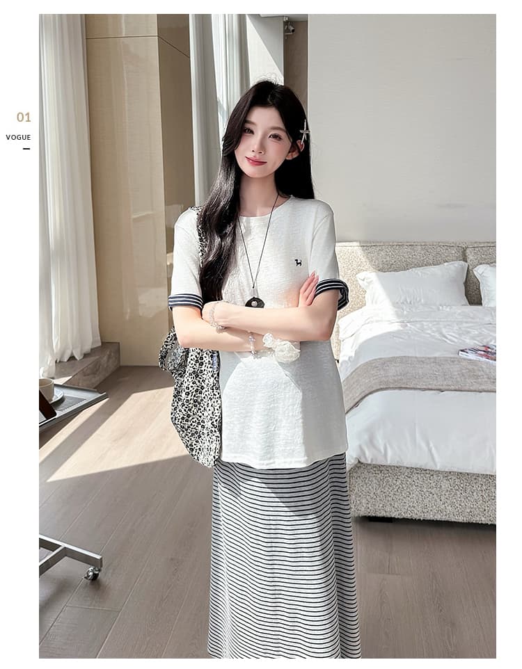 실사 2026 여름 새로운 한국 스타일 루즈핏 자수 티셔츠 스트라이프 반신 스커트 임산부 세트 투피스 세트 상세 이미지 14