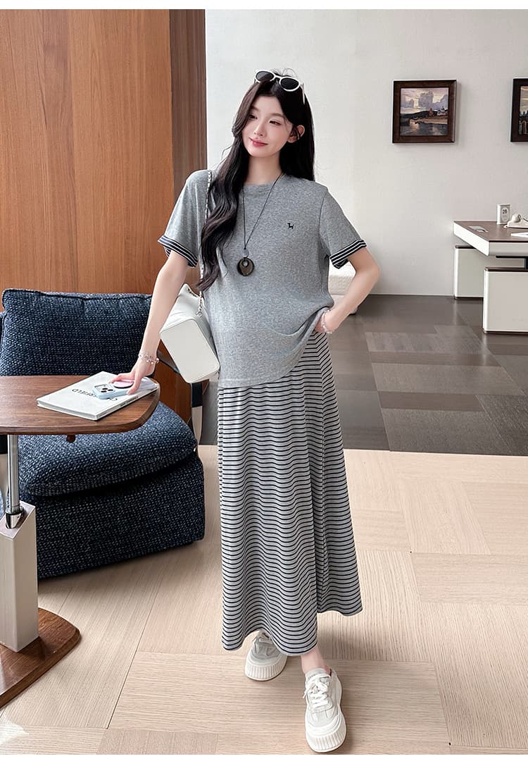 실사 2026 여름 새로운 한국 스타일 루즈핏 자수 티셔츠 스트라이프 반신 스커트 임산부 세트 투피스 세트 상세 이미지 19