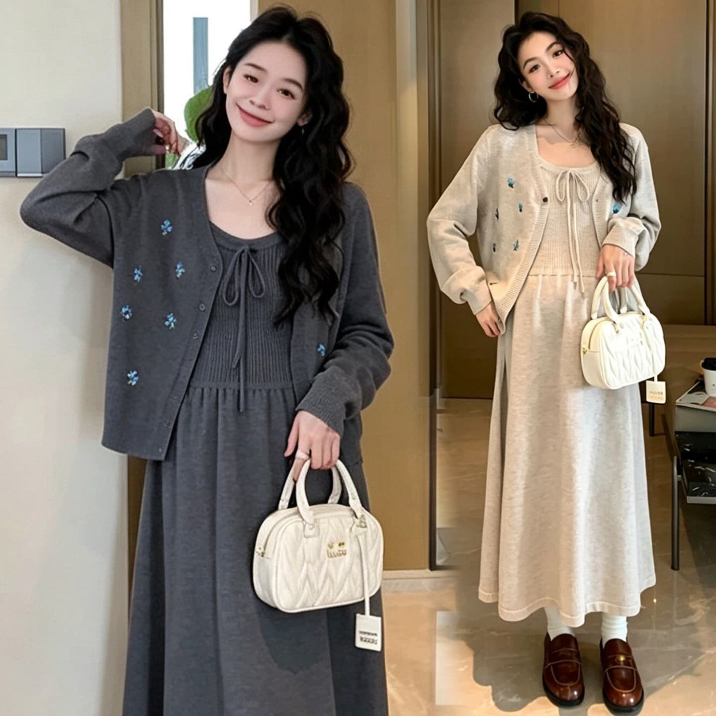가을 겨울 새로운 한국 스타일 패션 자수 임산부 니트 스웨터 투피스 세트 오픈 가디건 슬립 드레스 출산 후 모유 수유 상세 이미지 11