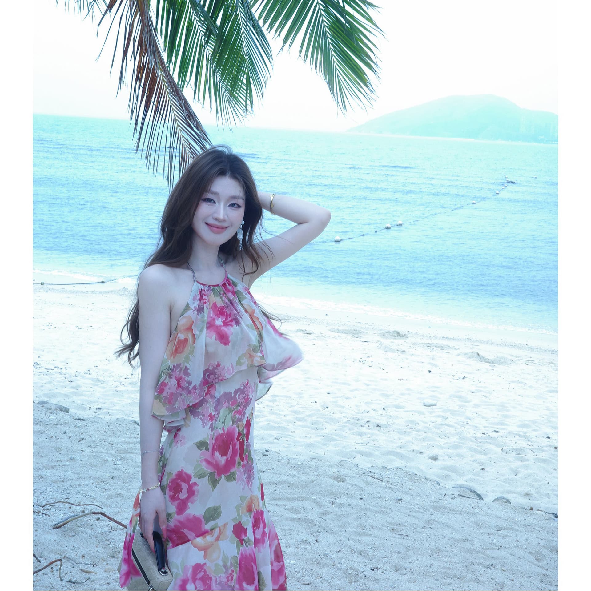 크 사이 작은 웨스트 5 6 신제품 프랑스식 휴가 인어 꼬리 여성 드레스 여름 장미 행침 목 오프숄더 허리 수축 롱 코트 치마 이미지 3