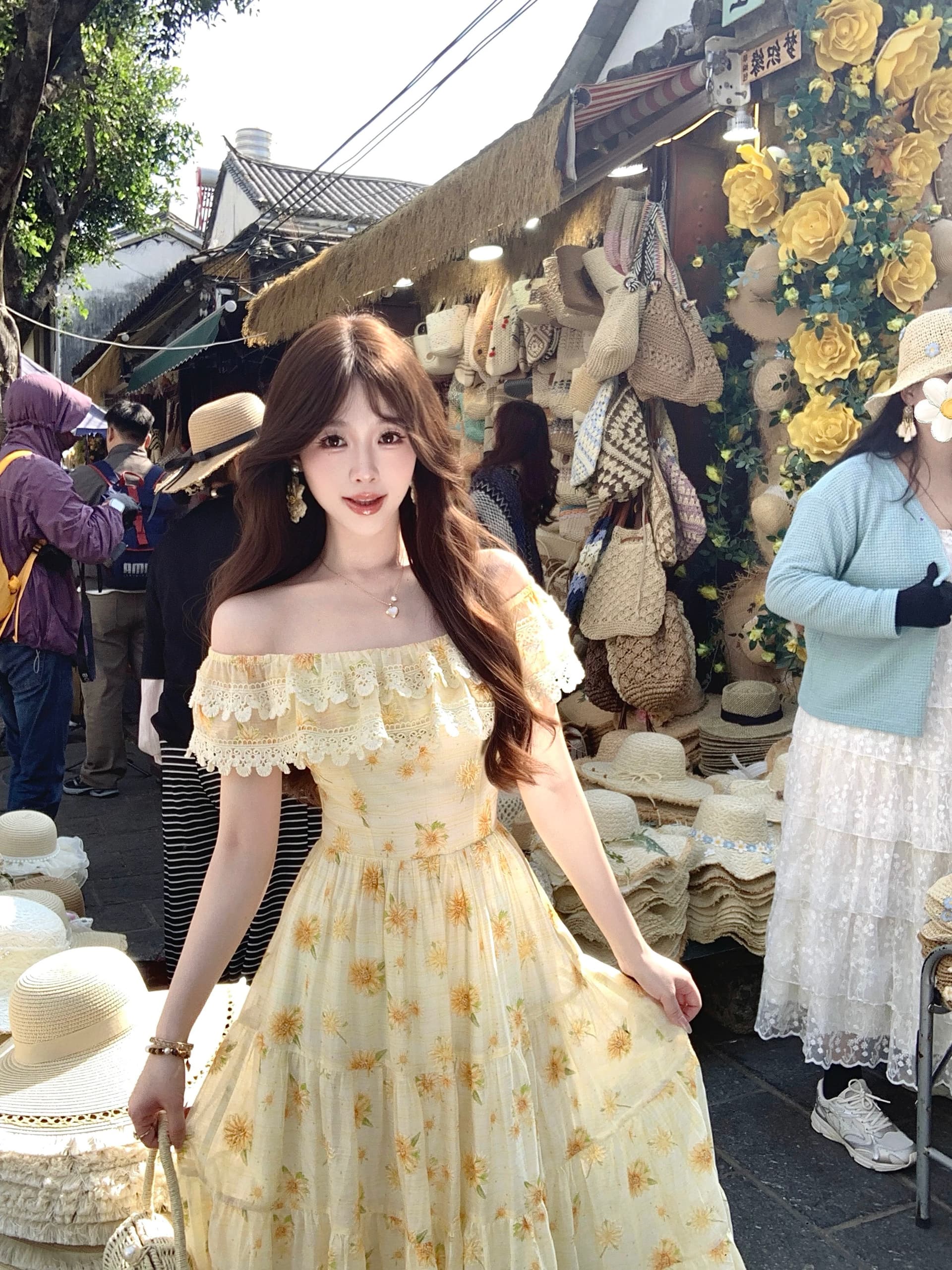 5 10 20 00new 화이트 인사이드 레트로 꽃무늬 꽃무늬 큰 진자 드레스 상세 이미지 7