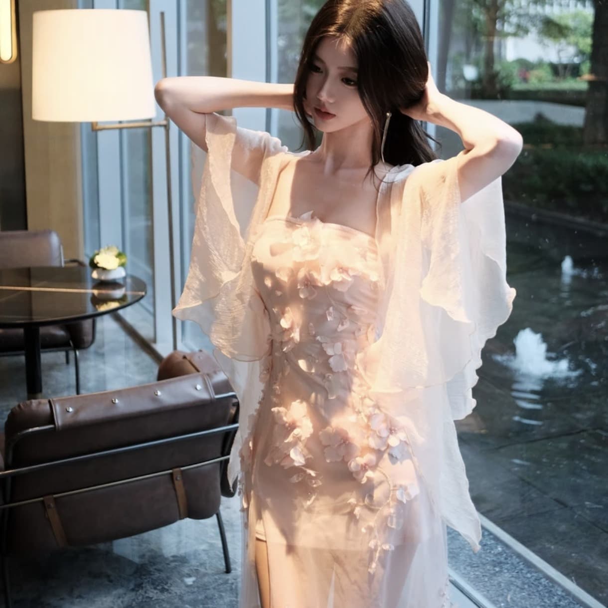 얕은 분말 꽃이 핌 프랑스식 순수한 욕망 3 차원 꽃 허리 수축 튜브탑 휴가 드레스 01808 이미지 5