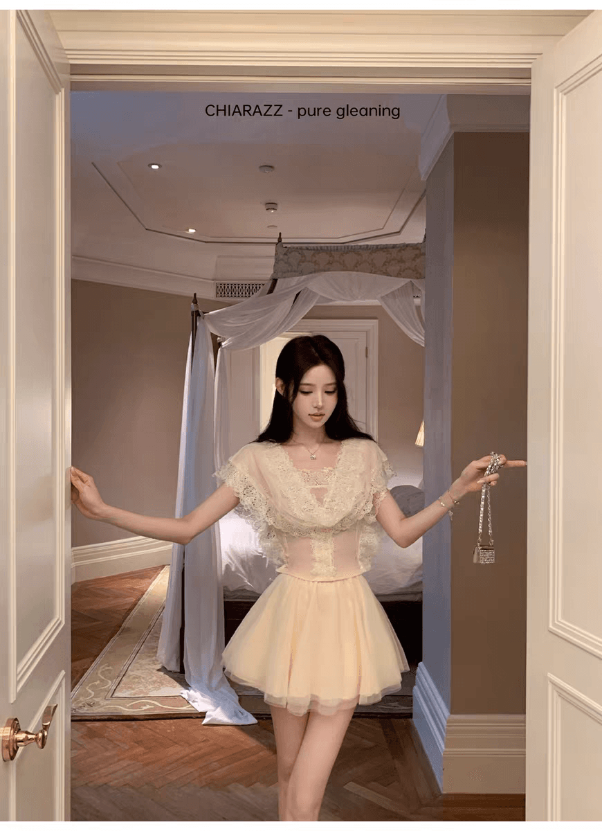 26ss 绯 색상 수달 알몸의 분말 망사 레이스 흔들다 칼라 맨위 거즈 반 스커트 상세 이미지 7