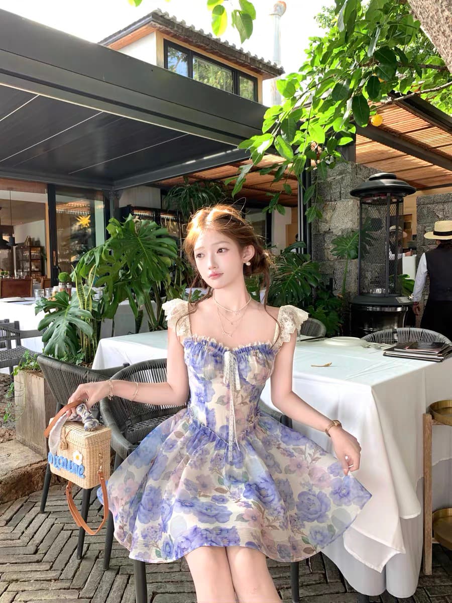 acaine5 28 20 00 95 할인 블루 黛 떠 다니는 꽃 레이스 날다 소매 프린트 프릴 드레스 상세 이미지 5