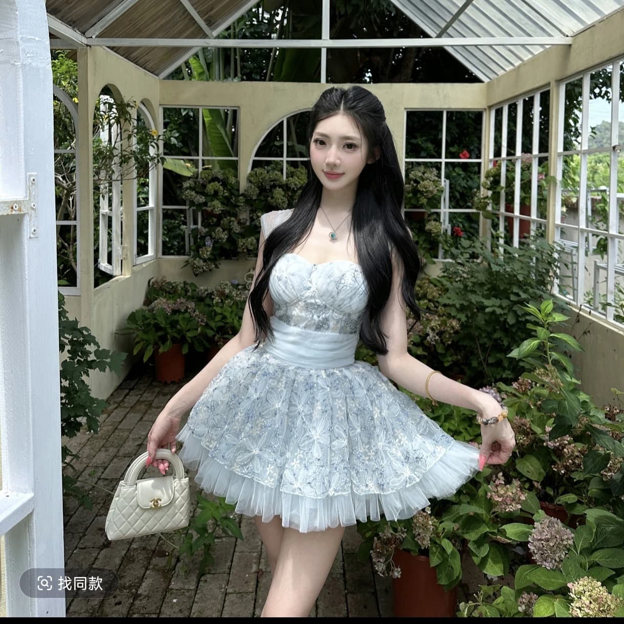 블루 사쿠라 남자 실 순수한 욕망 바람 달콤함 부서 무거운 작업 레이스 꽃잎 파란색 여자 드레스 이미지 3