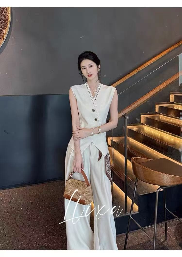 여름 섹션 오래된 돈 바람 출퇴근 세트 빛 럭셔리 레이스 테두리 민소매 베스트 와이드 레그 팬츠 슬림해 보이는 투피스 세트 상세 이미지 12