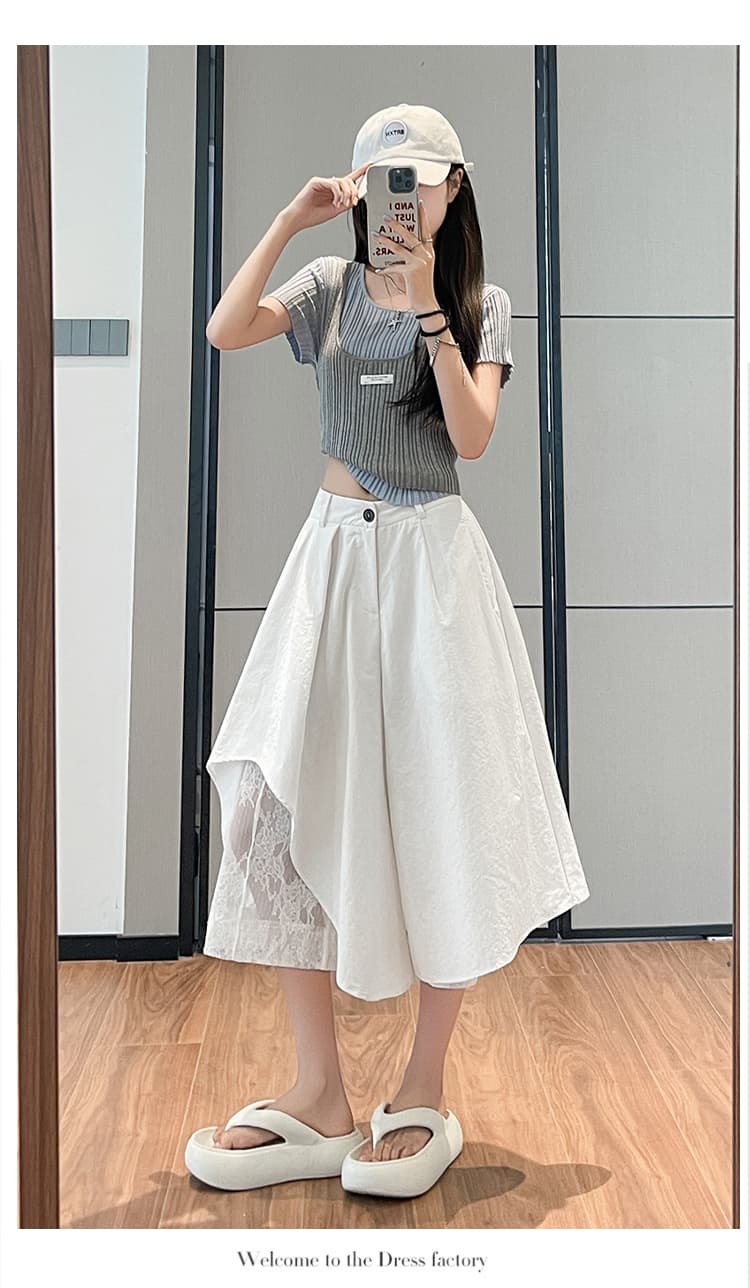 실사 디자인 센스 패치워크 레이스 7부 바지 여성 여름 불규칙 속바지 패션 화이트 와이드 레그 팬츠 치마 상세 이미지 23