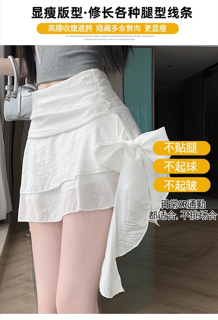 실사 한국 스타일 레트로 불규칙 프릴 한 마디 반신 스커트 하이웨이스트 노출 방지 리본 주름 장식 미니 스커트 여름 상세 이미지 8