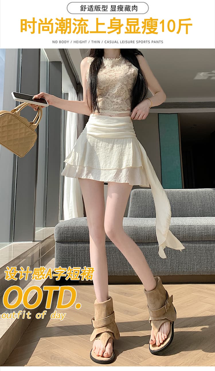 실사 한국 스타일 레트로 불규칙 프릴 한 마디 반신 스커트 하이웨이스트 노출 방지 리본 주름 장식 미니 스커트 여름 상세 이미지 9