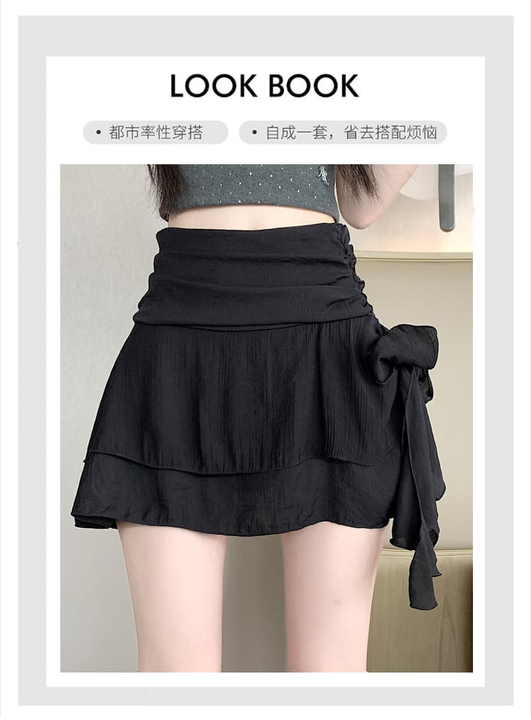 실사 한국 스타일 레트로 불규칙 프릴 한 마디 반신 스커트 하이웨이스트 노출 방지 리본 주름 장식 미니 스커트 여름 상세 이미지 13