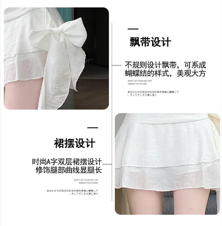 실사 한국 스타일 레트로 불규칙 프릴 한 마디 반신 스커트 하이웨이스트 노출 방지 리본 주름 장식 미니 스커트 여름 상세 이미지 15