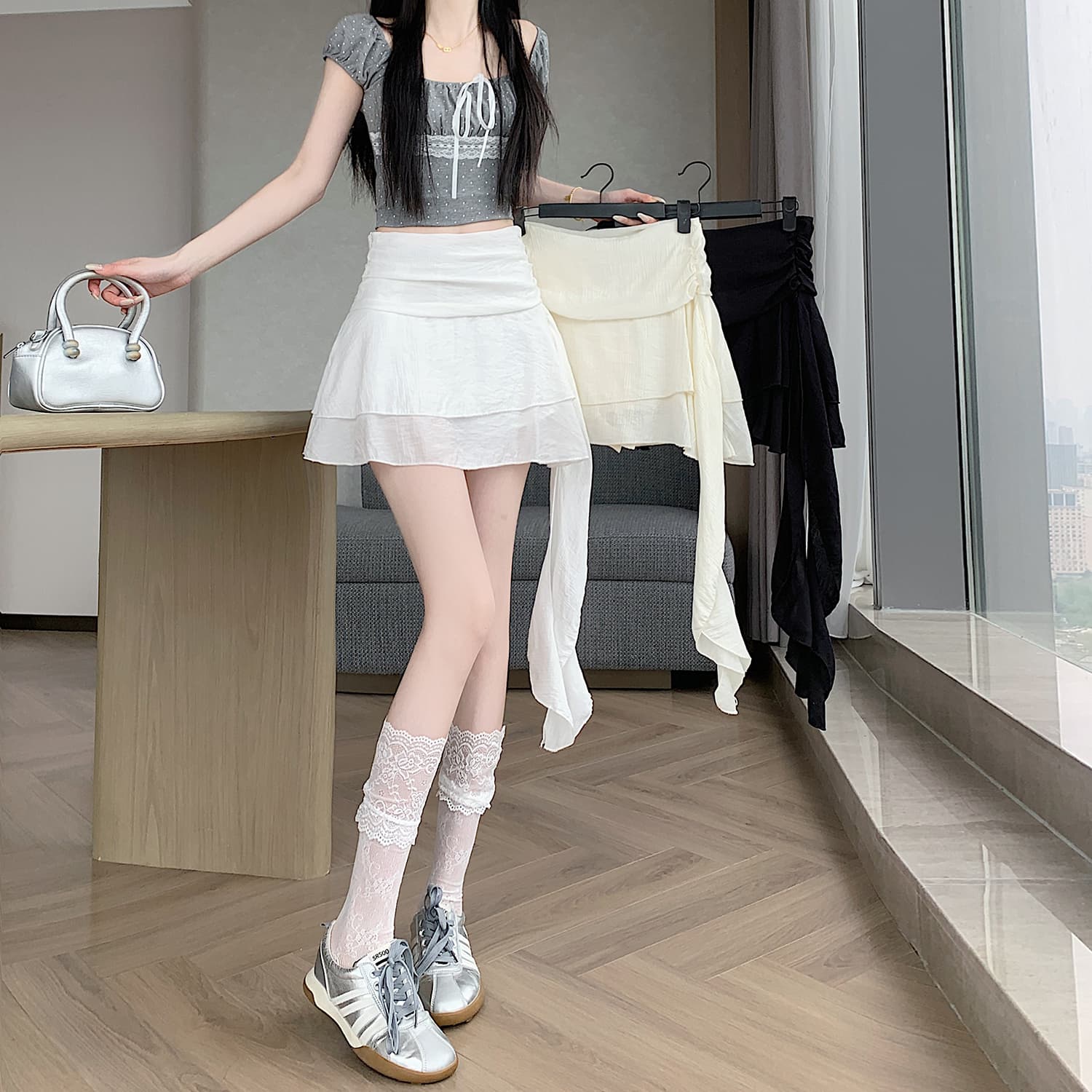 실사 한국 스타일 레트로 불규칙 프릴 한 마디 반신 스커트 하이웨이스트 노출 방지 리본 주름 장식 미니 스커트 여름 이미지 2