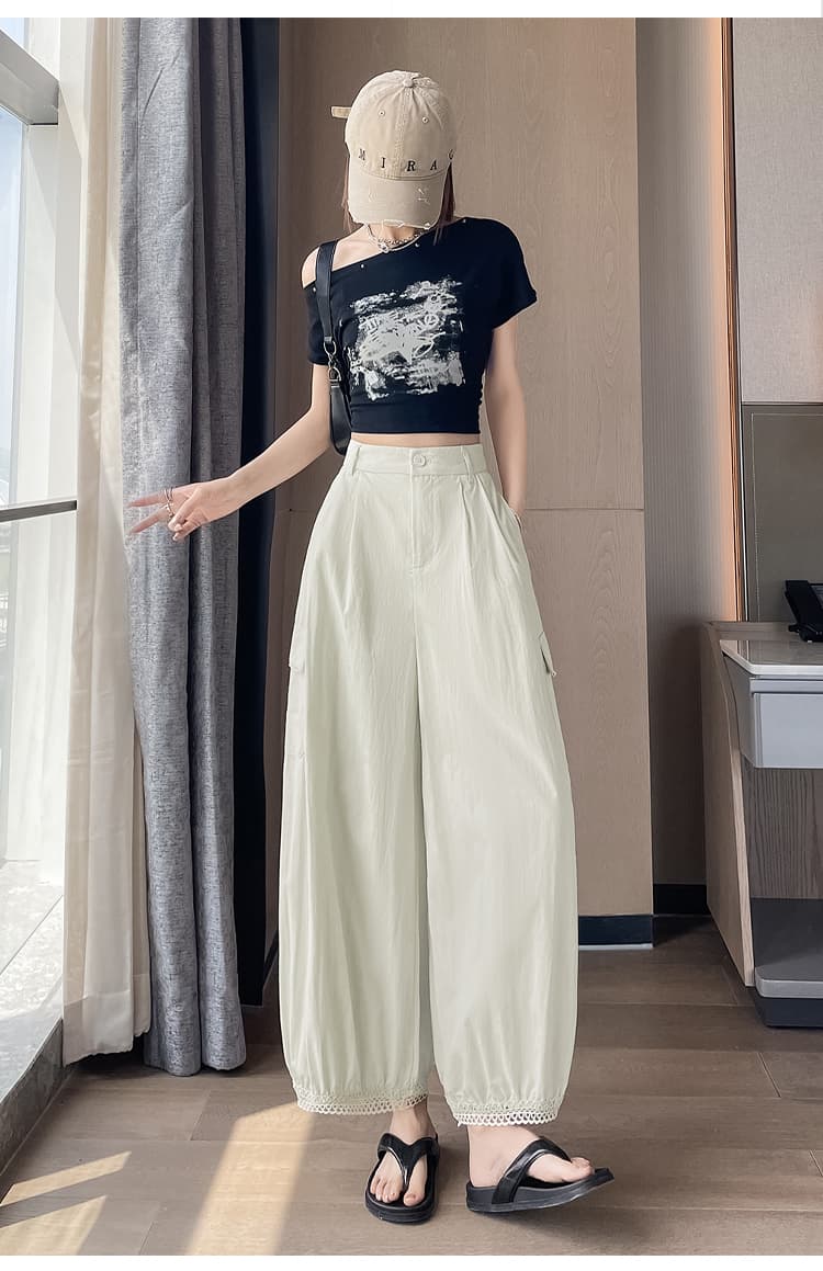 실사 여름 얇은 스타일 워크웨어 루즈핏 슬림해 보이는 와이드 레그 팬츠 9 포인트 캐주얼 바지 패치워크 홀로우 아웃 디자인 센스 배기 바지 상세 이미지 43