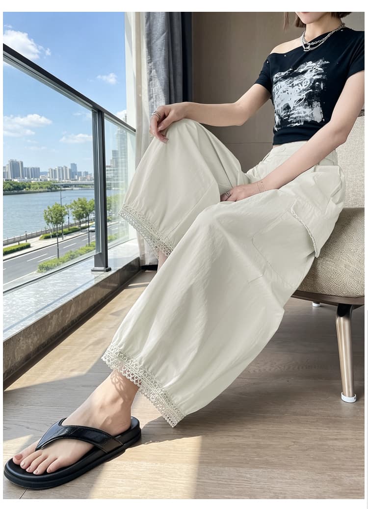 실사 여름 얇은 스타일 워크웨어 루즈핏 슬림해 보이는 와이드 레그 팬츠 9 포인트 캐주얼 바지 패치워크 홀로우 아웃 디자인 센스 배기 바지 상세 이미지 44
