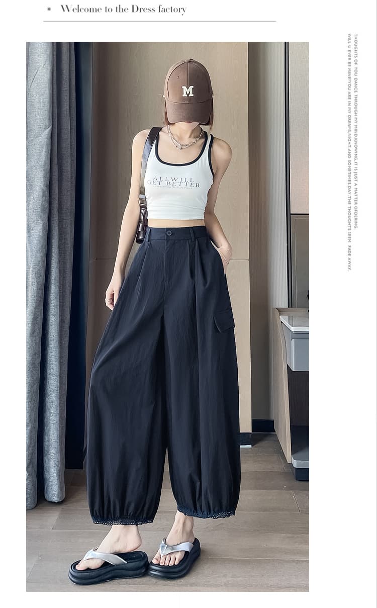 실사 여름 얇은 스타일 워크웨어 루즈핏 슬림해 보이는 와이드 레그 팬츠 9 포인트 캐주얼 바지 패치워크 홀로우 아웃 디자인 센스 배기 바지 상세 이미지 55