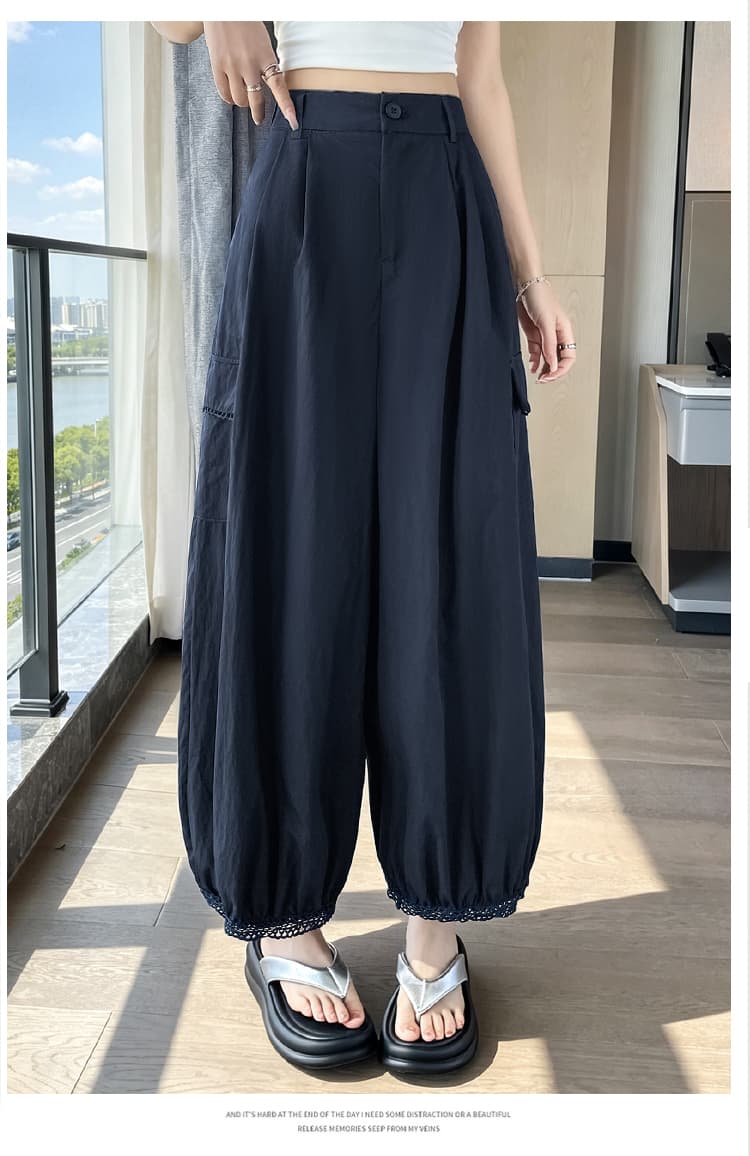 실사 여름 얇은 스타일 워크웨어 루즈핏 슬림해 보이는 와이드 레그 팬츠 9 포인트 캐주얼 바지 패치워크 홀로우 아웃 디자인 센스 배기 바지 상세 이미지 62