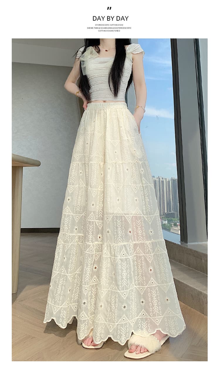 실사 부드러운 레이스 홀로우 아웃 자수 와이드 레그 팬츠 치마 여성 여름 대 바지 바지 하이웨이스트 슬림해 보이는 캐주얼 바지 상세 이미지 24