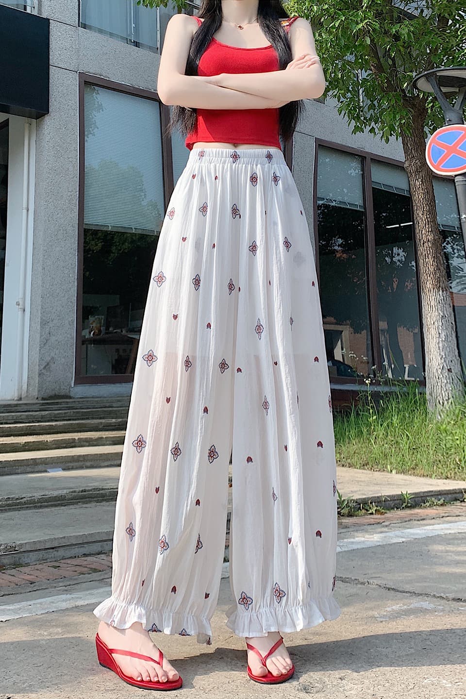 실사 여름 새로운 무거운 작업 자수 느긋한 바람 배기 바지 소녀 슬림해 보이는 다용도 캐주얼 얇은 스타일 꽃밭 바지 이미지 7