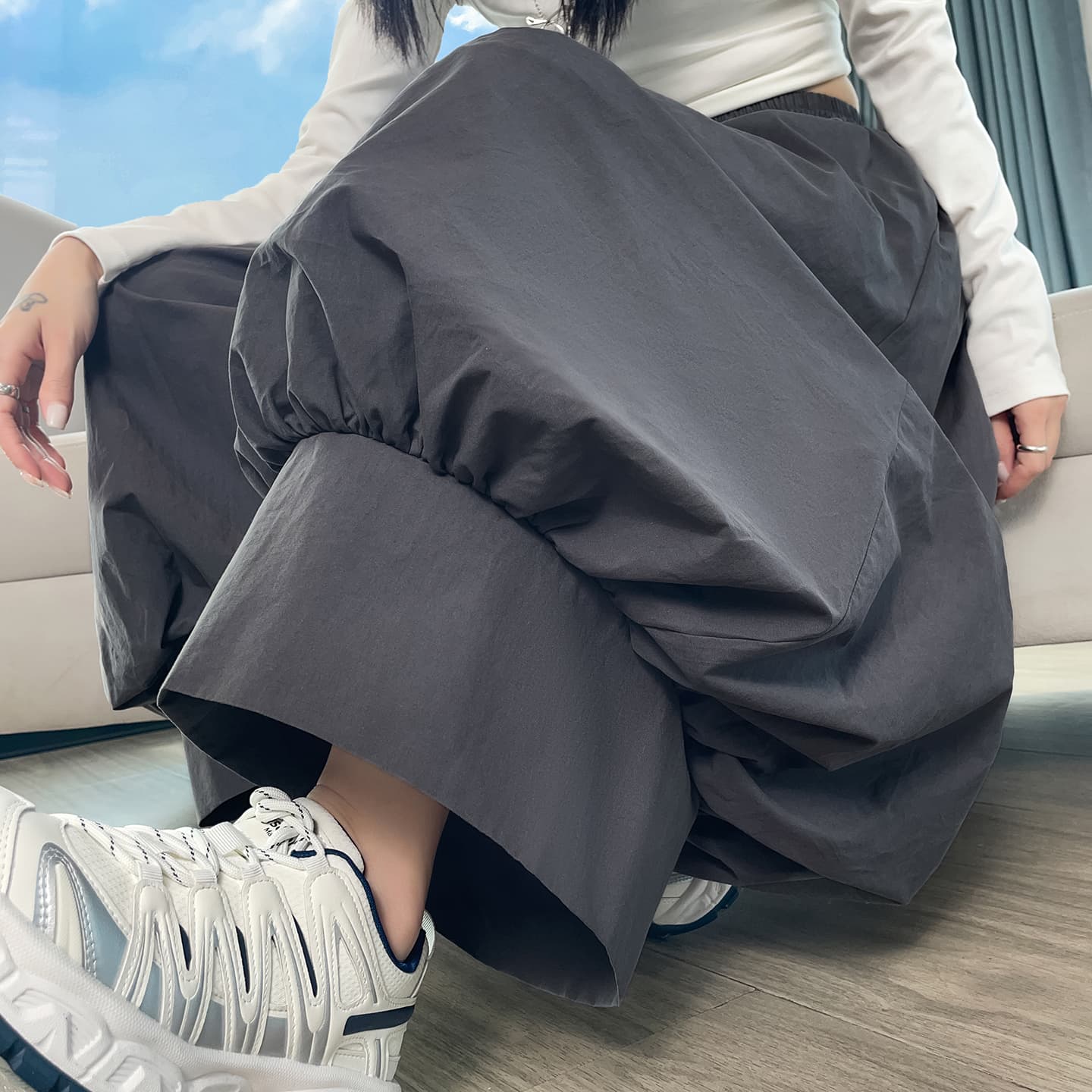 실사 가을 새로운 작은 대중 디자인 센스 허리밴드 페이크 레이어드 스택 풍선 레이스 바지 꽃밭 배기 바지 여성 이미지 4