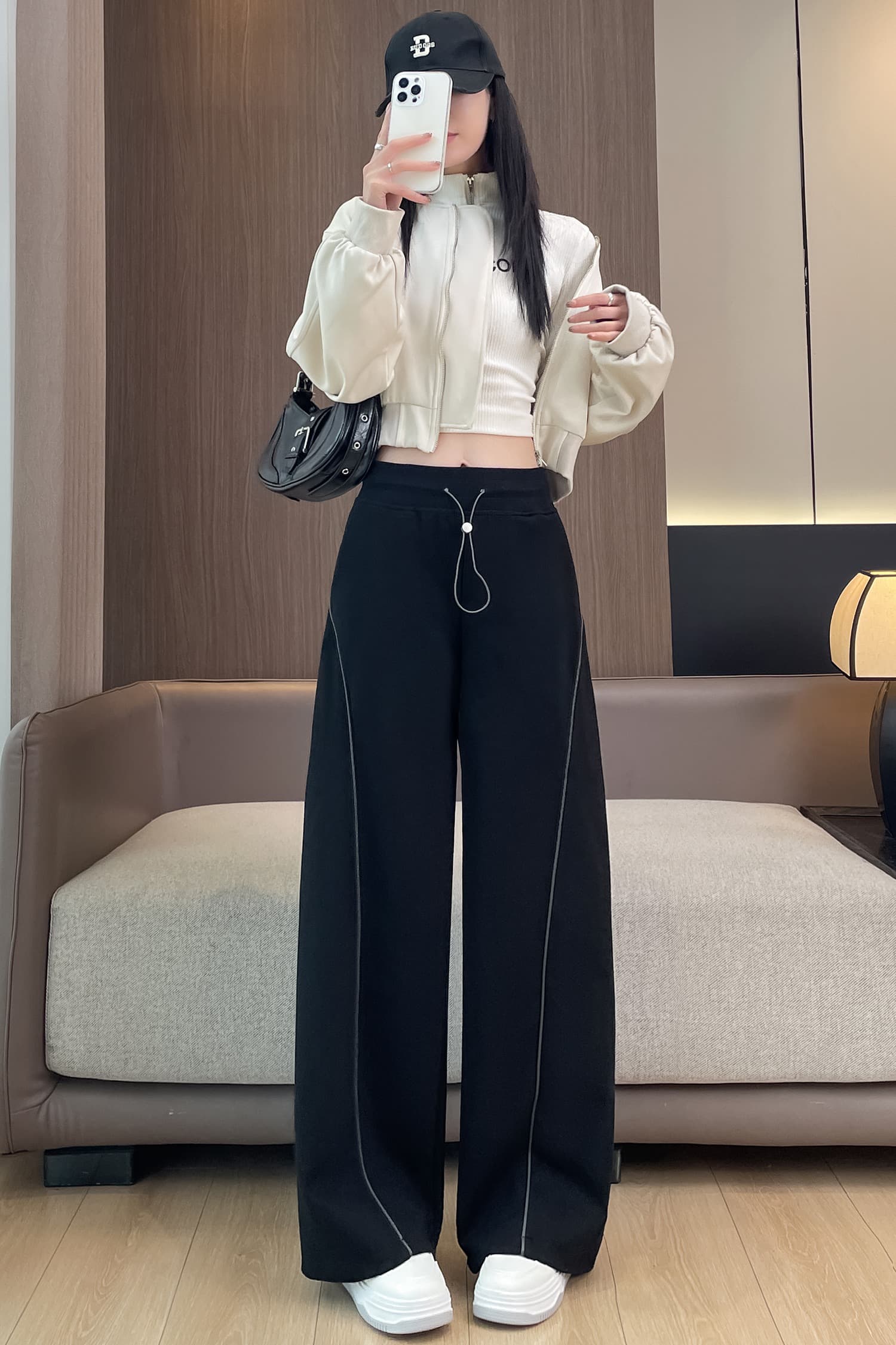실사 느긋한 느슨함 센스 펌프 로프 넓은 다리 캐주얼 바지 여성 가을 겨울 새로운 조거 하이웨이스트 슬림해 보이는 운동 바지 이미지 7