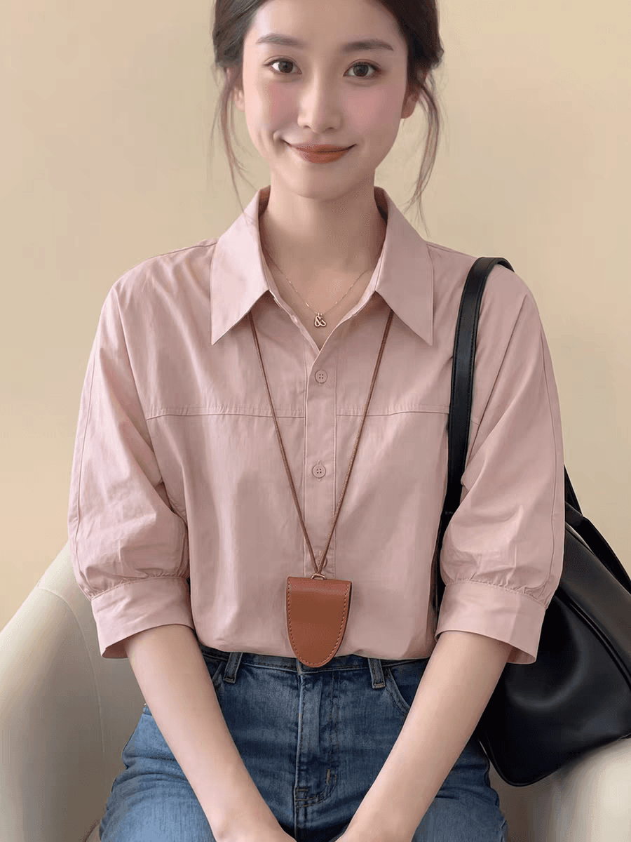 프랑스식 핑크색 폴로 칼라 긍정적 인 어깨 반팔 여성 셔츠 여름 2026 새로운 고급 센스 거품 소매 출퇴근 작은 맨위 이미지 4