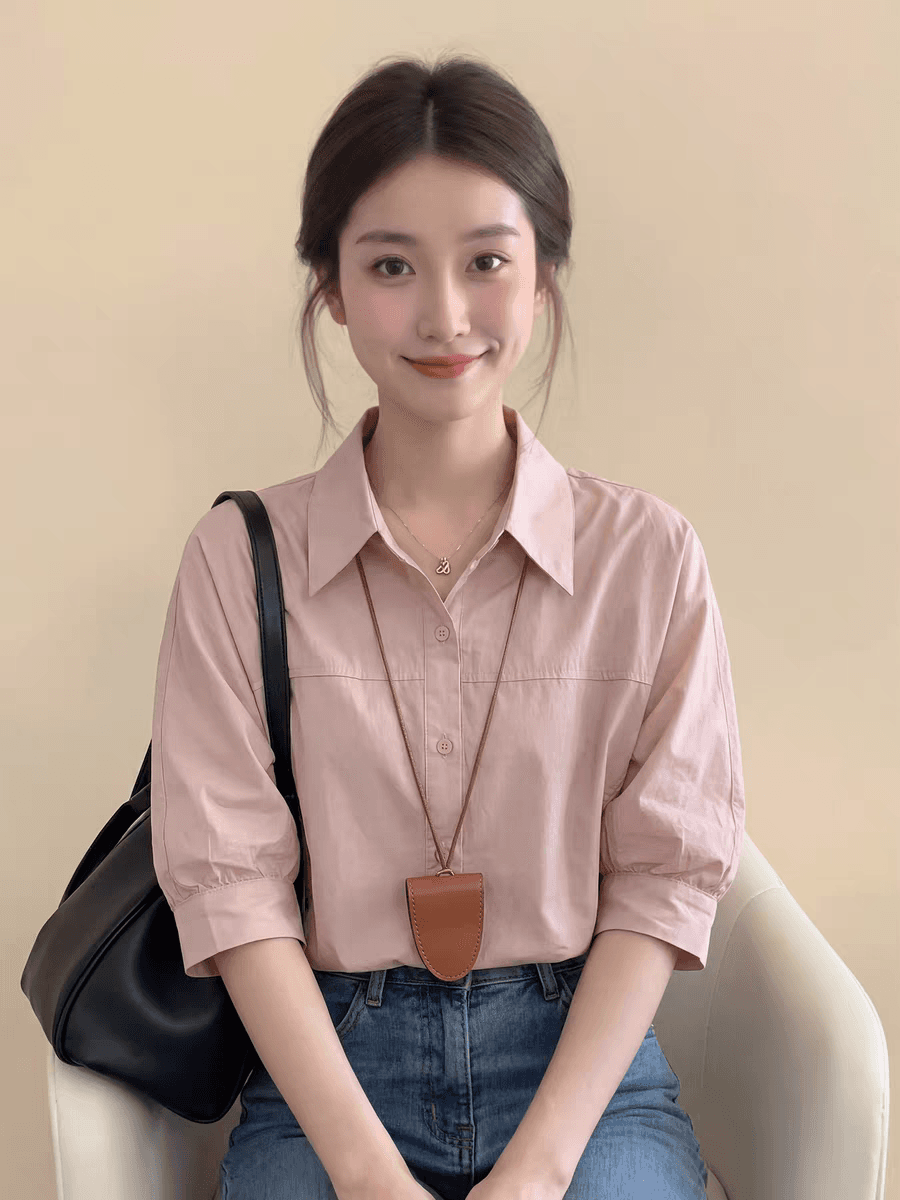 프랑스식 핑크색 폴로 칼라 긍정적 인 어깨 반팔 여성 셔츠 여름 2026 새로운 고급 센스 거품 소매 출퇴근 작은 맨위 상세 이미지 1