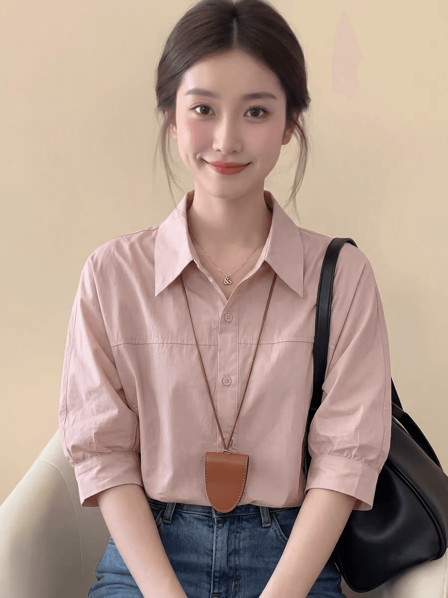 프랑스식 핑크색 폴로 칼라 긍정적 인 어깨 반팔 여성 셔츠 여름 2026 새로운 고급 센스 거품 소매 출퇴근 작은 맨위 상세 이미지 2