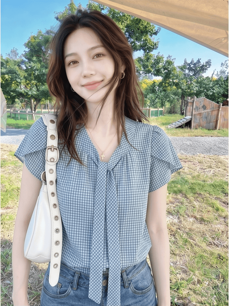 프랑스식 체크무늬 리본 디자인 센스 품격 반팔 여성 2026 여름 새로운 루즈핏 슬림해 보이는 연령 감소 맨위