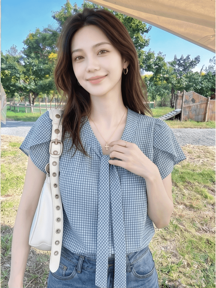 프랑스식 체크무늬 리본 디자인 센스 품격 반팔 여성 2026 여름 새로운 루즈핏 슬림해 보이는 연령 감소 맨위 이미지 2
