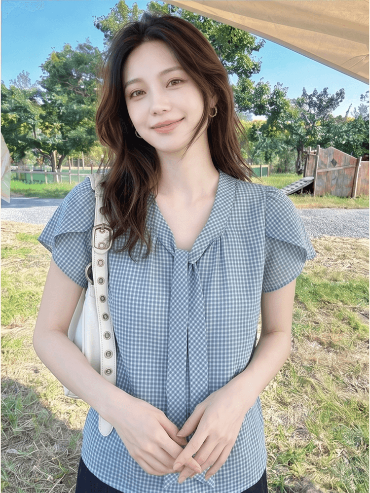 프랑스식 체크무늬 리본 디자인 센스 품격 반팔 여성 2026 여름 새로운 루즈핏 슬림해 보이는 연령 감소 맨위 이미지 3