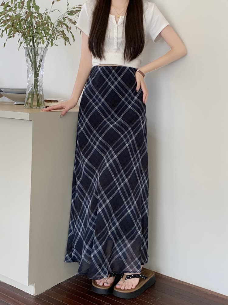 여름 우아한 Tulle 체크무늬 반신 스커트 빅 사이즈 여성 의류 하이웨이스트 슬림해 보이는 쉬폰 체크무늬 a 단어 길이 치마 인어 꼬리 상세 이미지 6